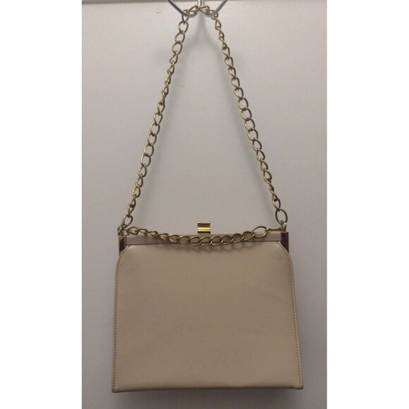 Vintage 50s Stylemark Hinged Beige Shoulder Bag Handbag Chunky Gold Chain Straps - Picture 3 of 14